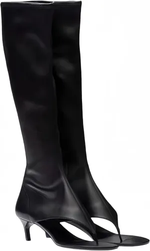 Womens Open Toe Thong Knee High Boots with Zipper Stretch Fabric and Kitten Low Heel Tall Sandal Boots