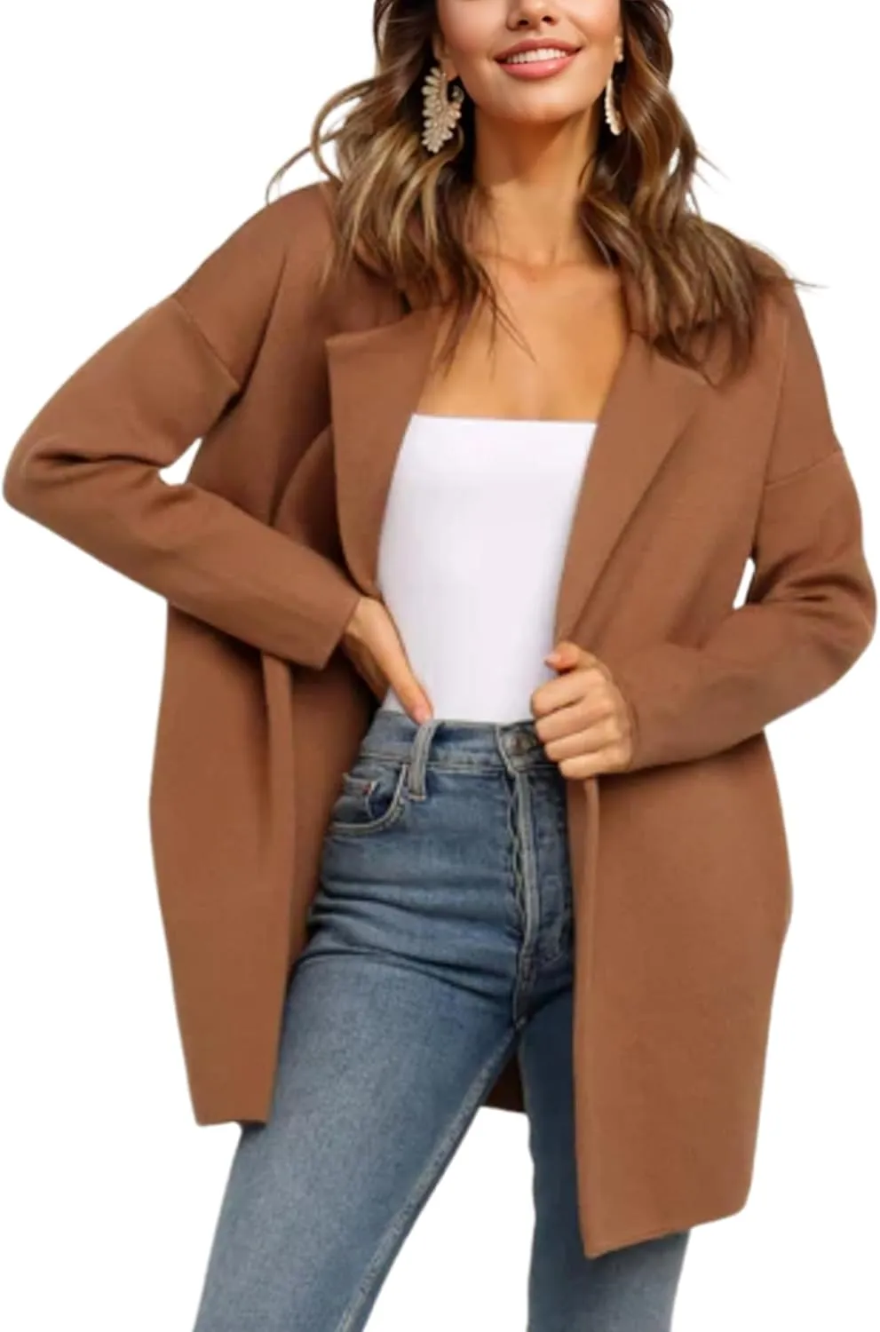 Womens Pea Coat Wool Open Front Solid Color Notch Lapel Mid Long Trench Blazer Overcoat