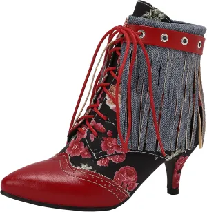 Women's Retro Block Heel and Pointed Toe Ankle Boots Lace-up Short Boots with Tassel