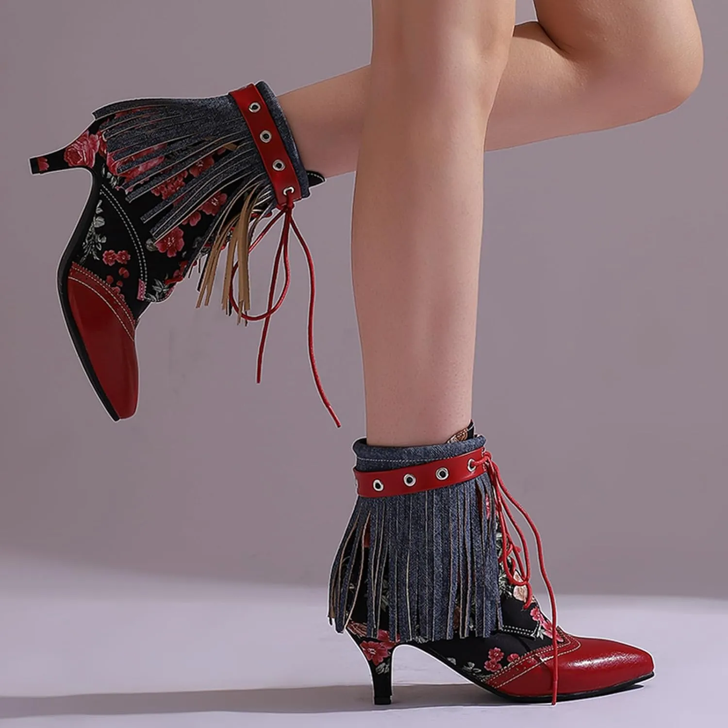 Women's Retro Block Heel and Pointed Toe Ankle Boots Lace-up Short Boots with Tassel