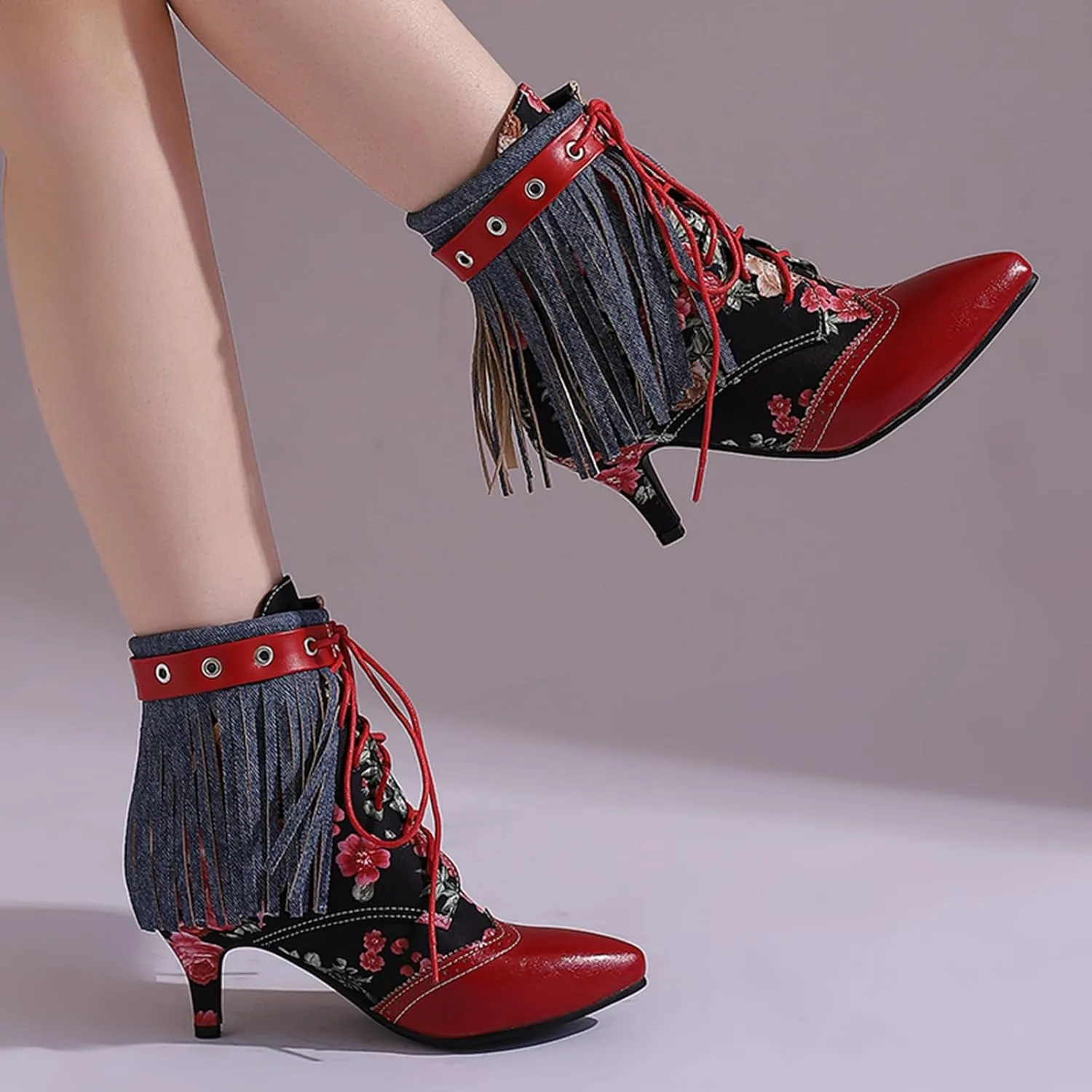 Women's Retro Block Heel and Pointed Toe Ankle Boots Lace-up Short Boots with Tassel
