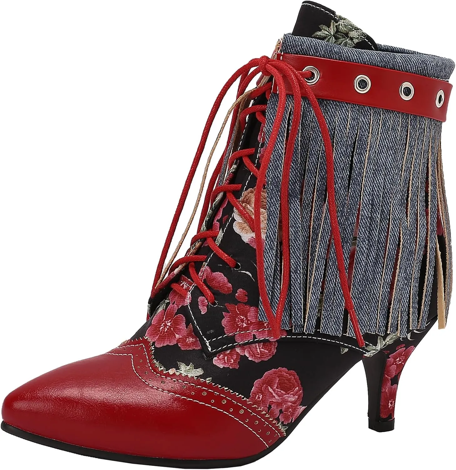 Women's Retro Block Heel and Pointed Toe Ankle Boots Lace-up Short Boots with Tassel
