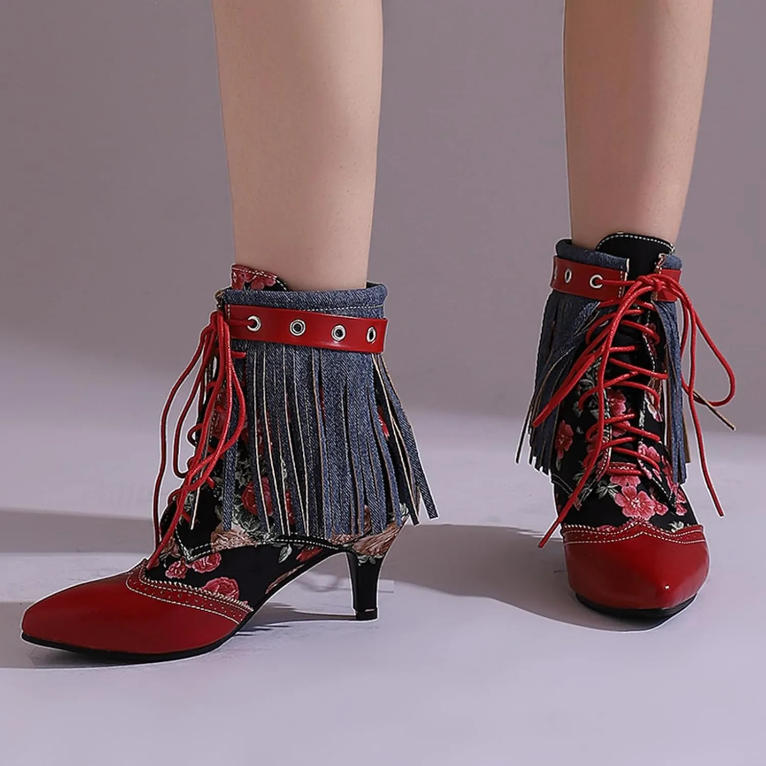 Women's Retro Block Heel and Pointed Toe Ankle Boots Lace-up Short Boots with Tassel