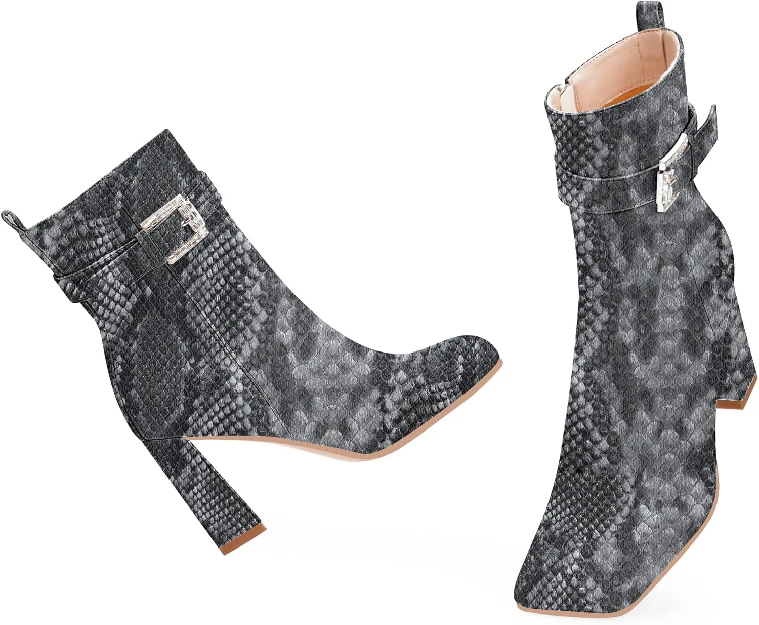 Women's Sexy Rhinestone High Heel Square Toe Ankle Boots Buckle Strap Dress Booties