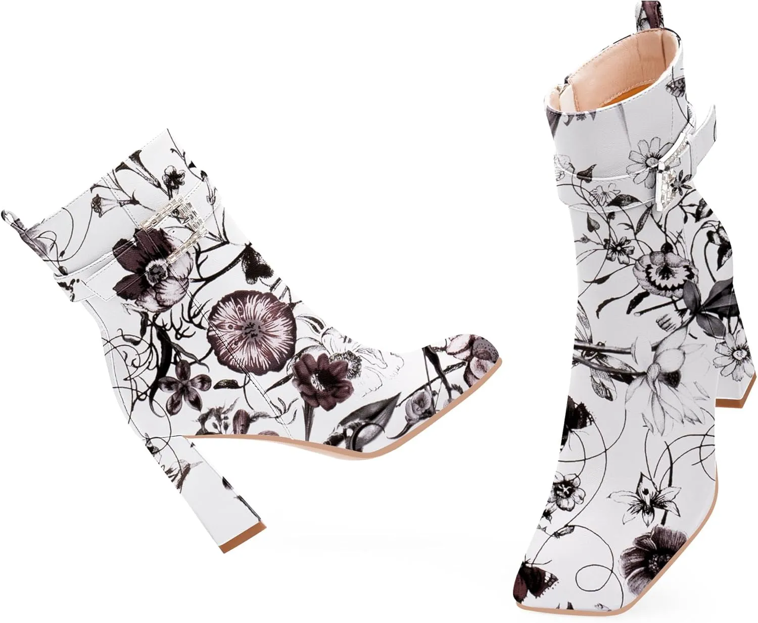 Women's Sexy Rhinestone High Heel Square Toe Ankle Boots Buckle Strap Dress Booties