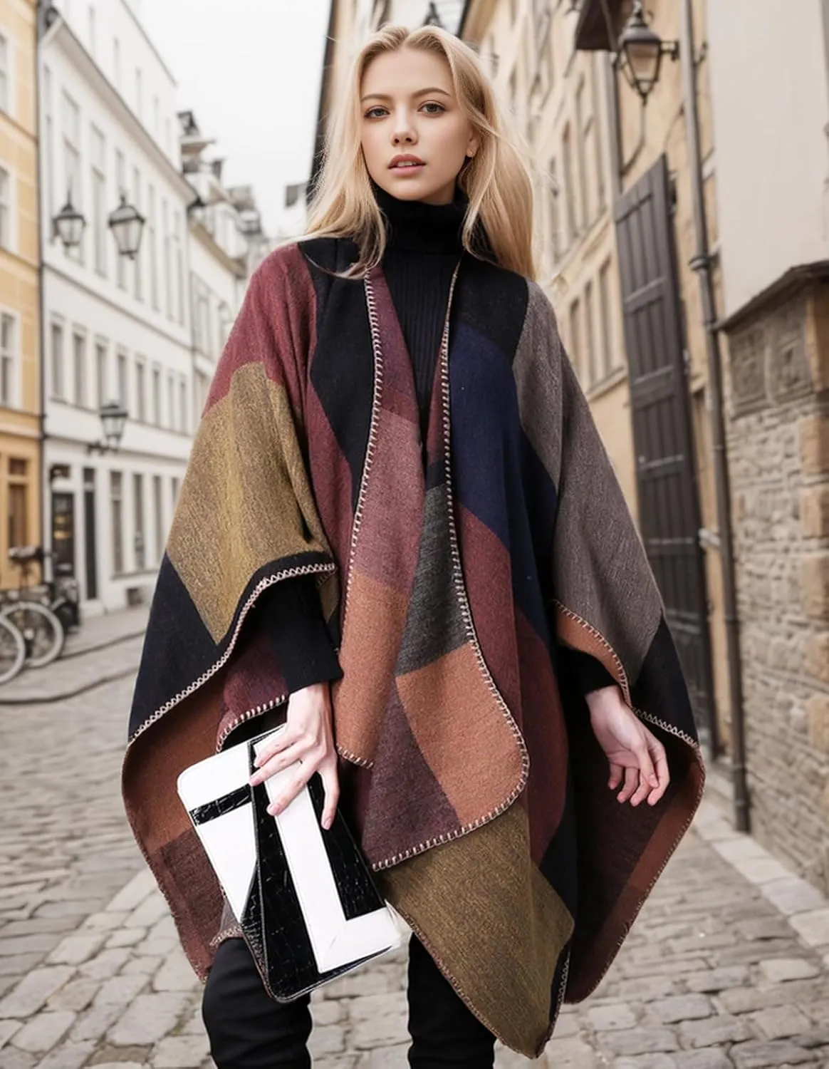 Women's Shawl Wraps Open Front Travel Poncho Cape Warm Oversized Plaid Sweaters Casual Cardigan Shawls