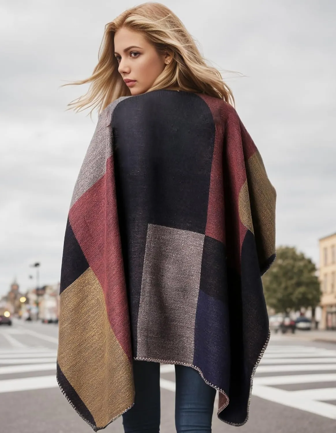 Women's Shawl Wraps Open Front Travel Poncho Cape Warm Oversized Plaid Sweaters Casual Cardigan Shawls