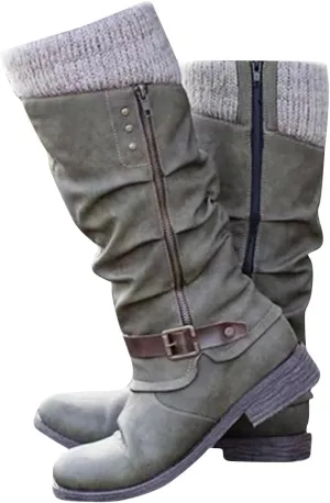Women's Slouchy Knee-High Boots with Knit Cuffs and Buckle Detail, Women’s Leather Flat Heel Mid-Calf Zipper Boots