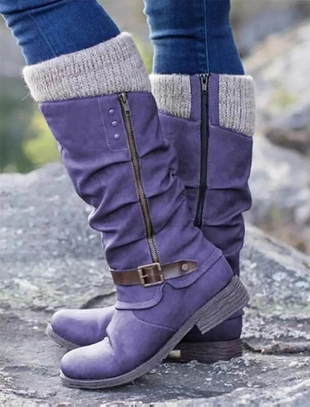 Women's Slouchy Knee-High Boots with Knit Cuffs and Buckle Detail, Women’s Leather Flat Heel Mid-Calf Zipper Boots