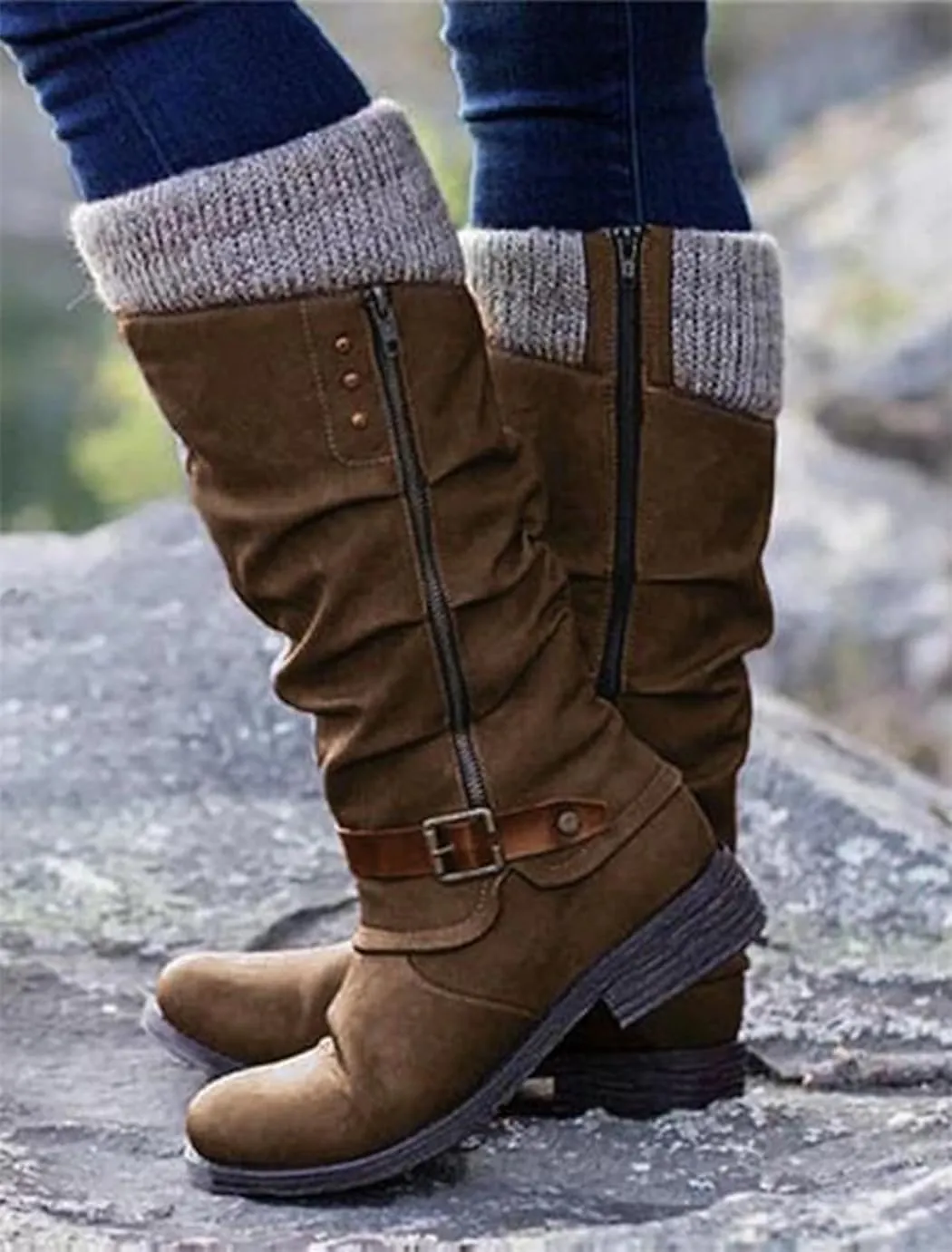 Women's Slouchy Knee-High Boots with Knit Cuffs and Buckle Detail, Women’s Leather Flat Heel Mid-Calf Zipper Boots