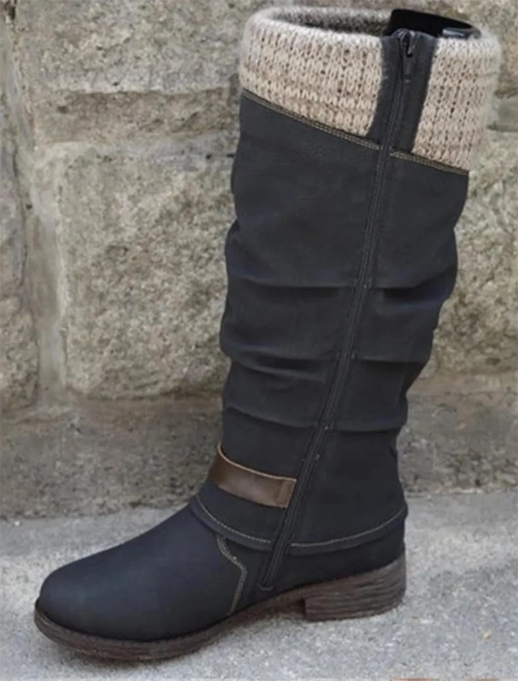 Women's Slouchy Knee-High Boots with Knit Cuffs and Buckle Detail, Women’s Leather Flat Heel Mid-Calf Zipper Boots