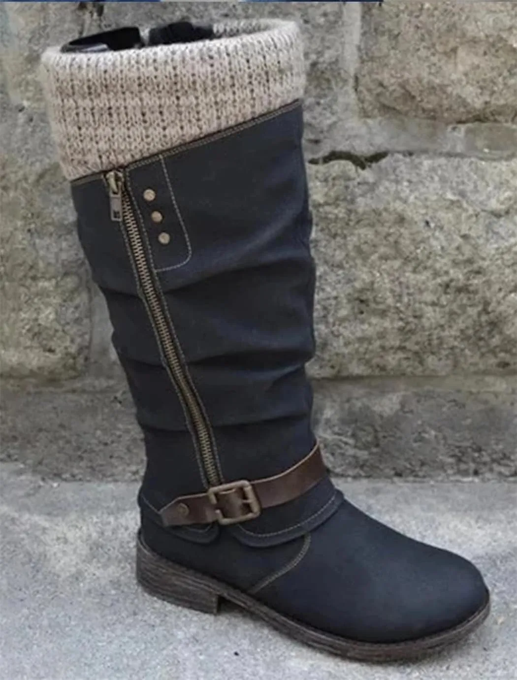 Women's Slouchy Knee-High Boots with Knit Cuffs and Buckle Detail, Women’s Leather Flat Heel Mid-Calf Zipper Boots