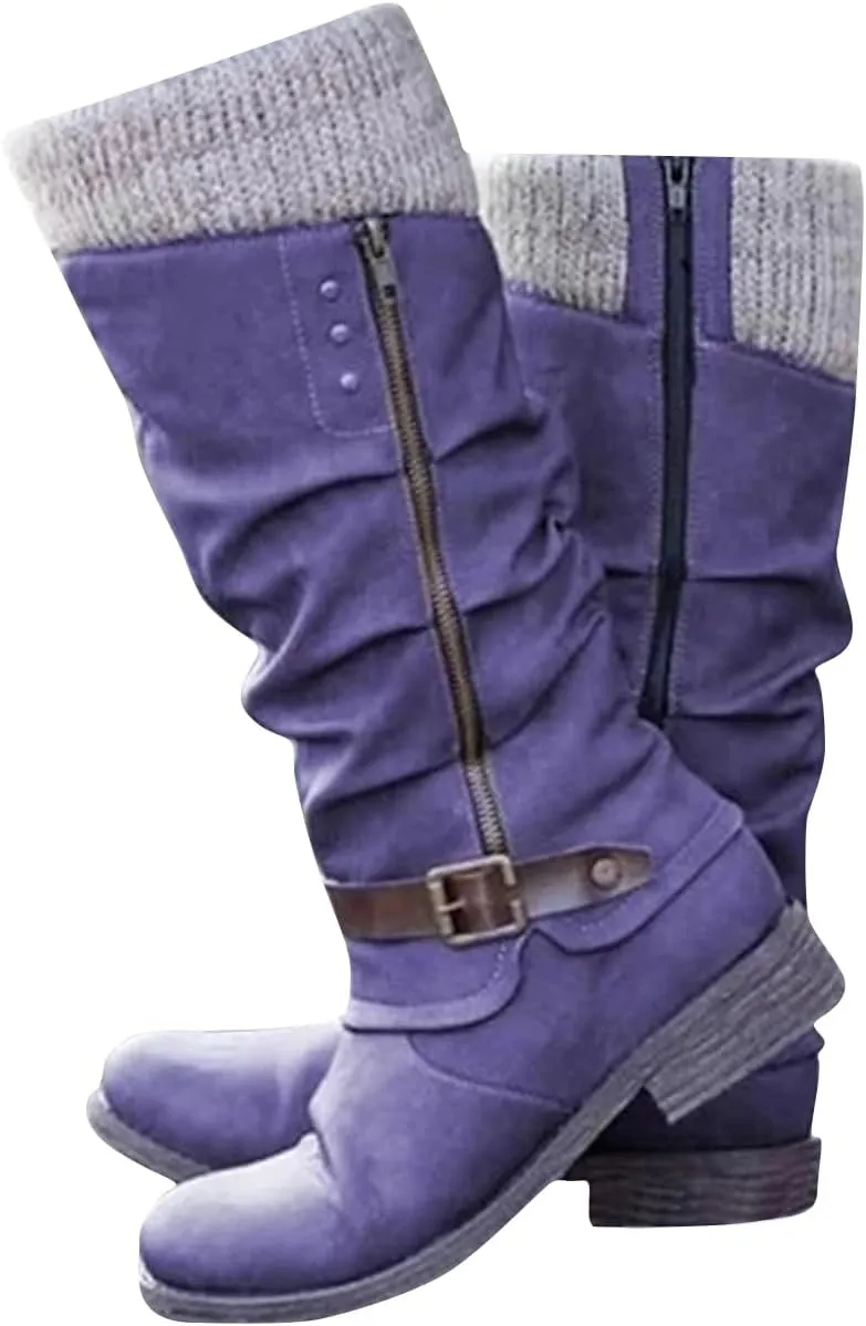 Women's Slouchy Knee-High Boots with Knit Cuffs and Buckle Detail, Women’s Leather Flat Heel Mid-Calf Zipper Boots