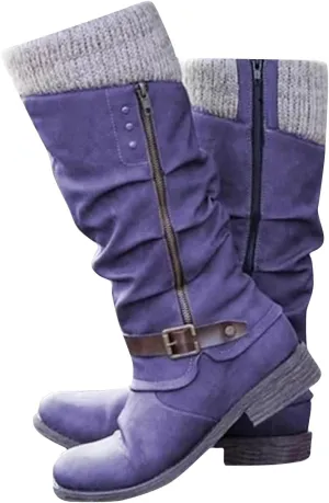 Women's Slouchy Knee-High Boots with Knit Cuffs and Buckle Detail, Women’s Leather Flat Heel Mid-Calf Zipper Boots