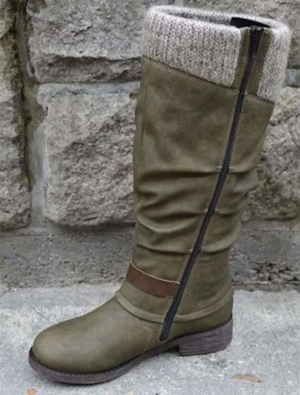 Women's Slouchy Knee-High Boots with Knit Cuffs and Buckle Detail, Women’s Leather Flat Heel Mid-Calf Zipper Boots