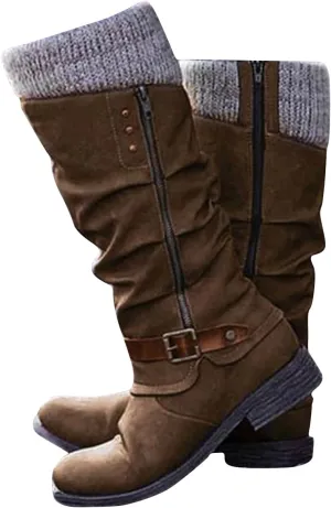 Women's Slouchy Knee-High Boots with Knit Cuffs and Buckle Detail, Women’s Leather Flat Heel Mid-Calf Zipper Boots