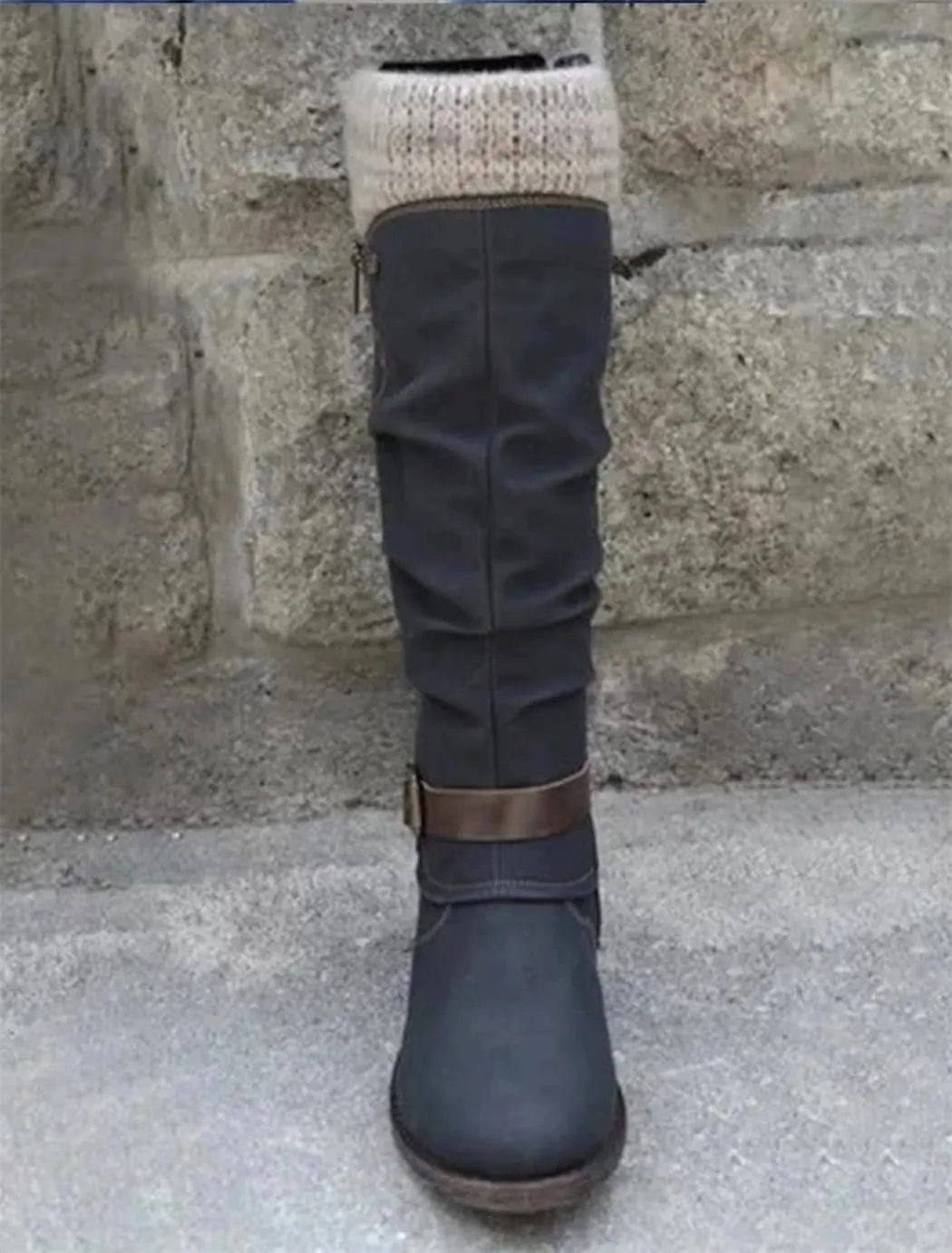 Women's Slouchy Knee-High Boots with Knit Cuffs and Buckle Detail, Women’s Leather Flat Heel Mid-Calf Zipper Boots