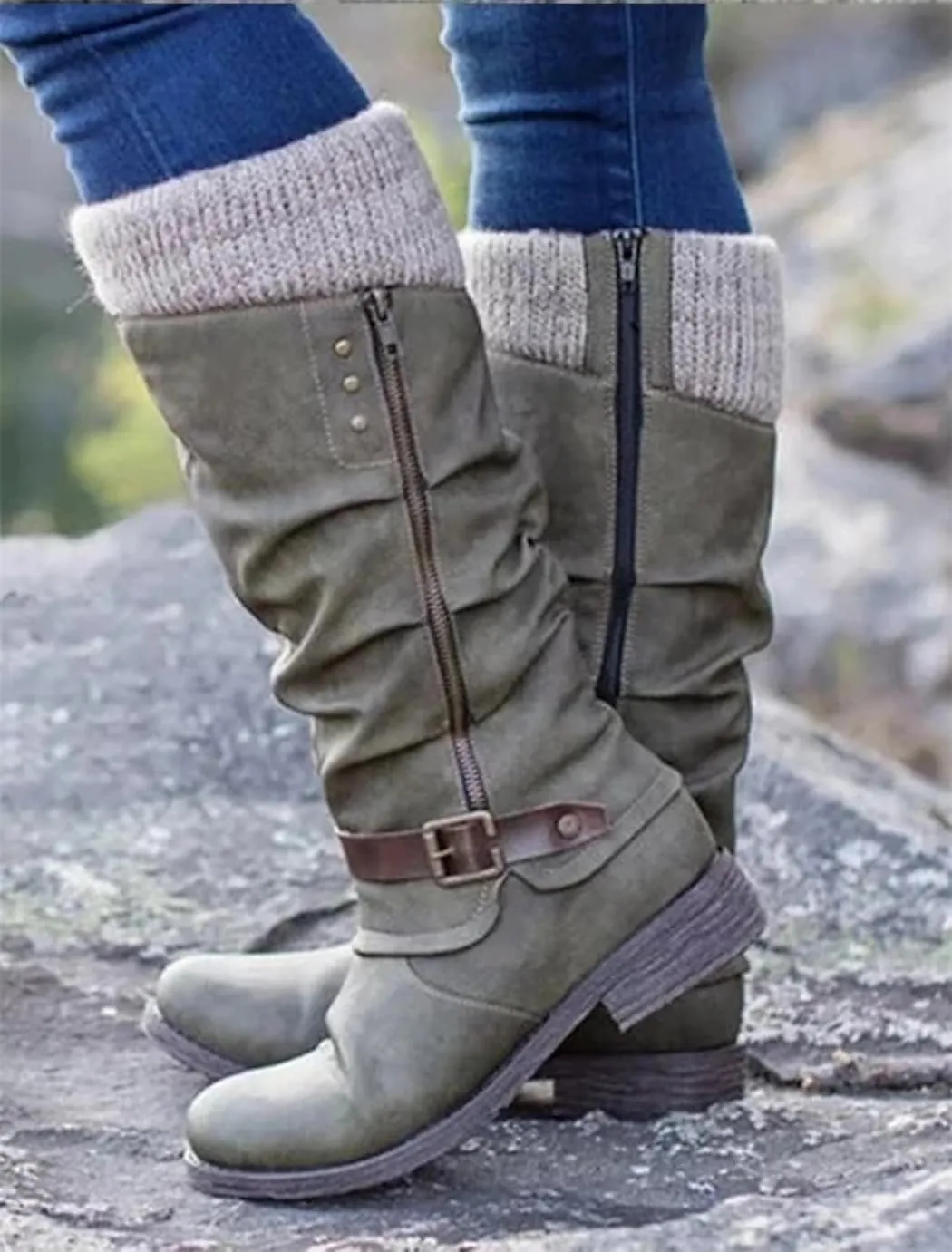 Women's Slouchy Knee-High Boots with Knit Cuffs and Buckle Detail, Women’s Leather Flat Heel Mid-Calf Zipper Boots