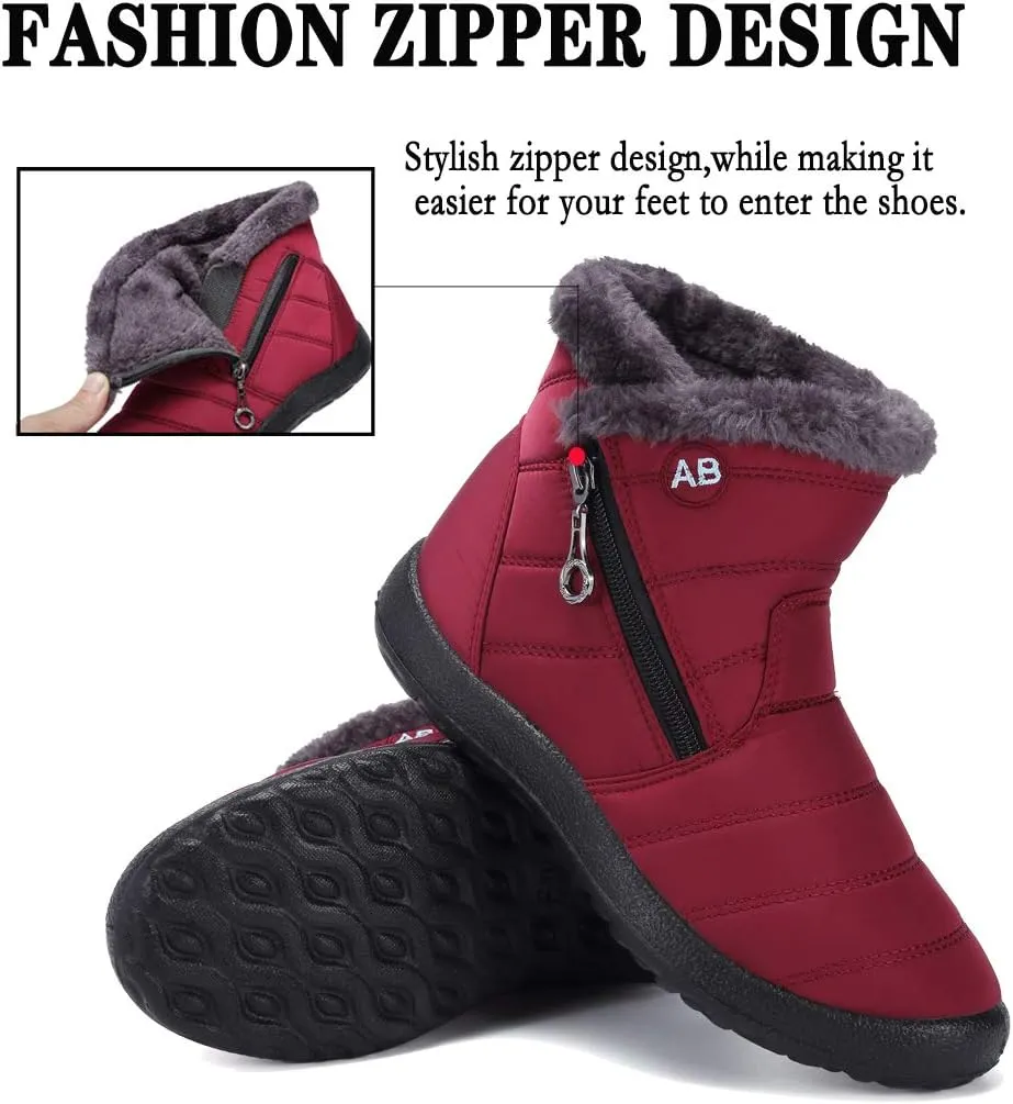 Womens Snow Boots Winter Fur Lined Ankle Boots Ladies Side Zipper Warm Lightweight Booties Outdoor Anti-Slip Girls Walking Boots