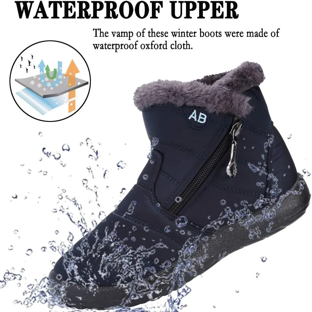 Womens Snow Boots Winter Fur Lined Ankle Boots Ladies Side Zipper Warm Lightweight Booties Outdoor Anti-Slip Girls Walking Boots