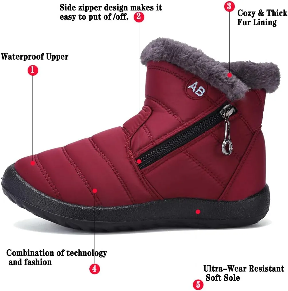 Womens Snow Boots Winter Fur Lined Ankle Boots Ladies Side Zipper Warm Lightweight Booties Outdoor Anti-Slip Girls Walking Boots