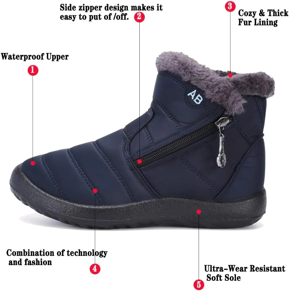 Womens Snow Boots Winter Fur Lined Ankle Boots Ladies Side Zipper Warm Lightweight Booties Outdoor Anti-Slip Girls Walking Boots
