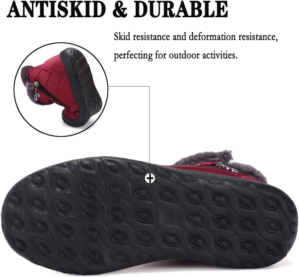 Womens Snow Boots Winter Fur Lined Ankle Boots Ladies Side Zipper Warm Lightweight Booties Outdoor Anti-Slip Girls Walking Boots
