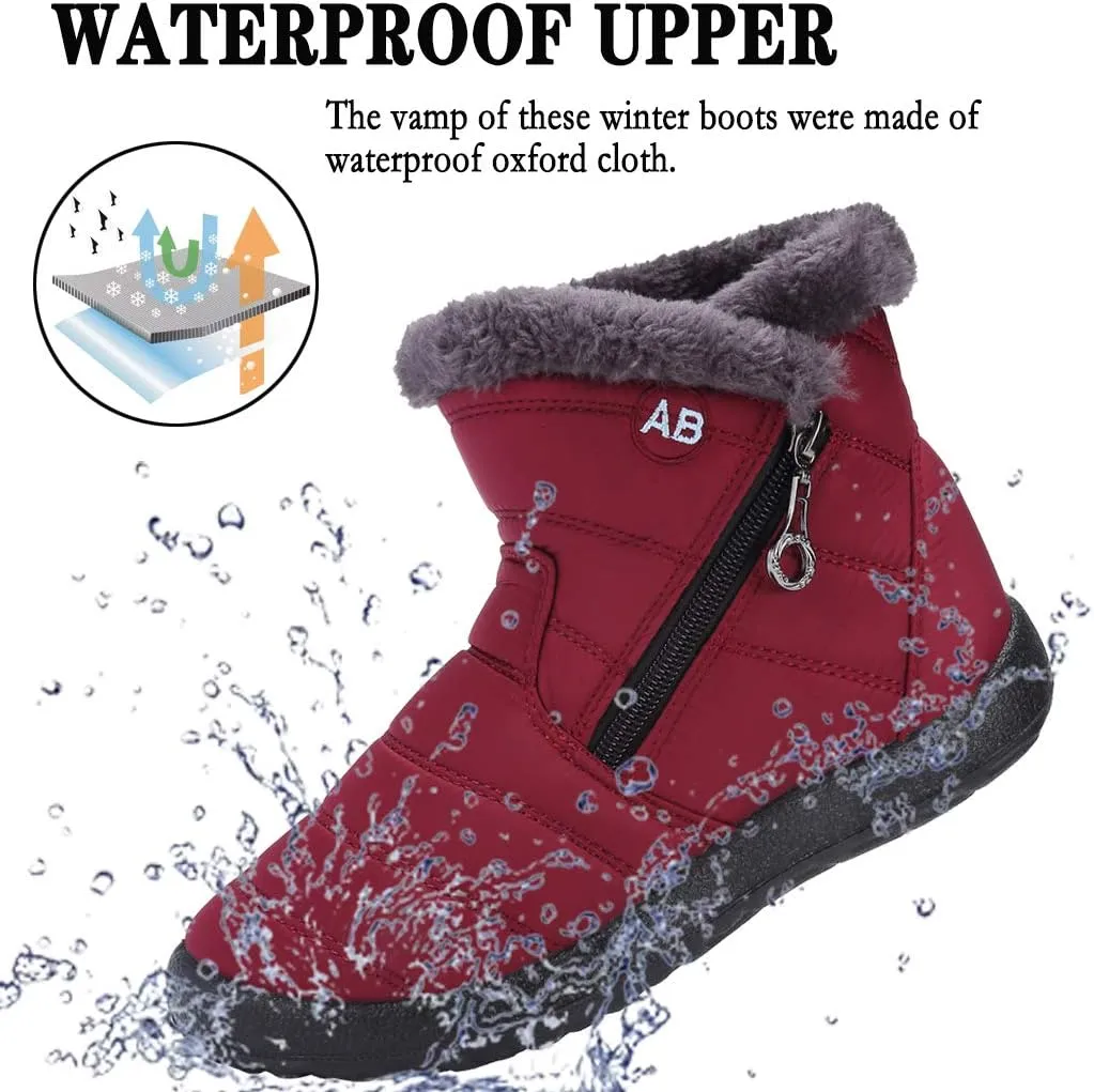 Womens Snow Boots Winter Fur Lined Ankle Boots Ladies Side Zipper Warm Lightweight Booties Outdoor Anti-Slip Girls Walking Boots