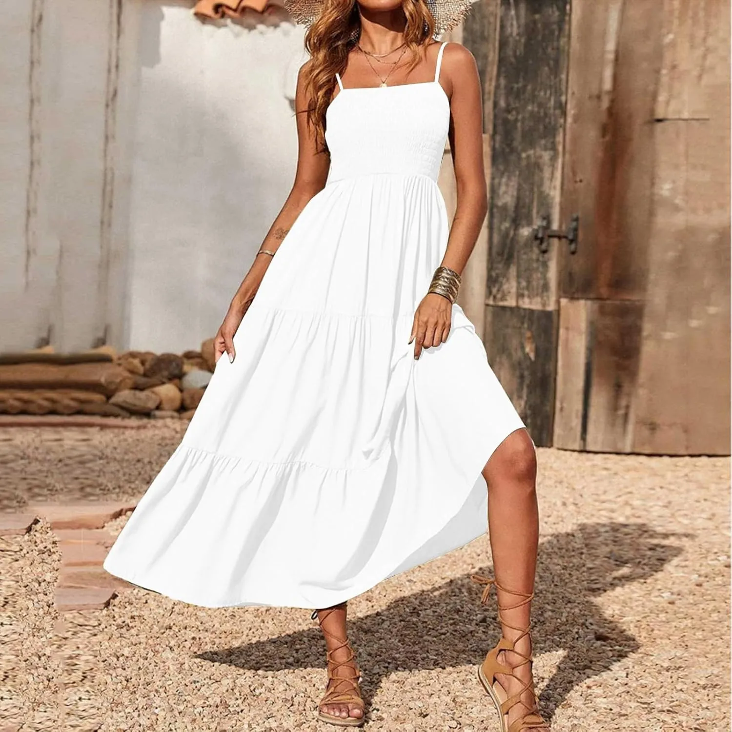 Women's Spaghetti Strap Corset A Line Tiered Swing Long Sundress Bohemian Summer Spring Dress, S-3XL