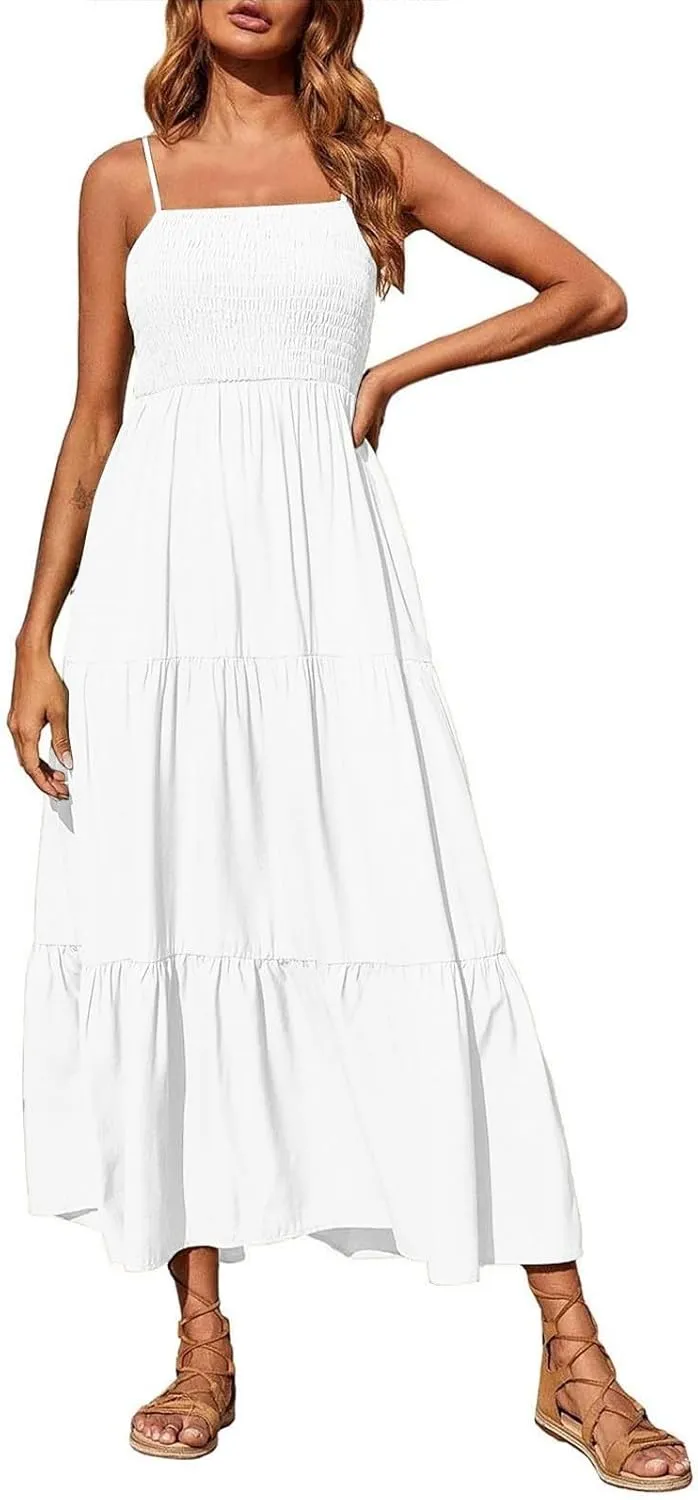 Women's Spaghetti Strap Corset A Line Tiered Swing Long Sundress Bohemian Summer Spring Dress, S-3XL