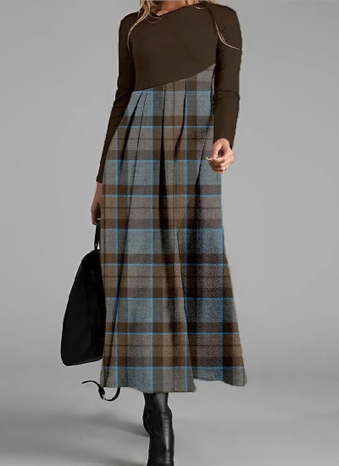 Women's Spliced Plaid Dress Retro Long Sleeves Pleated A-Line Coffee Dress Round Neck Spring Fall Casual Outfit