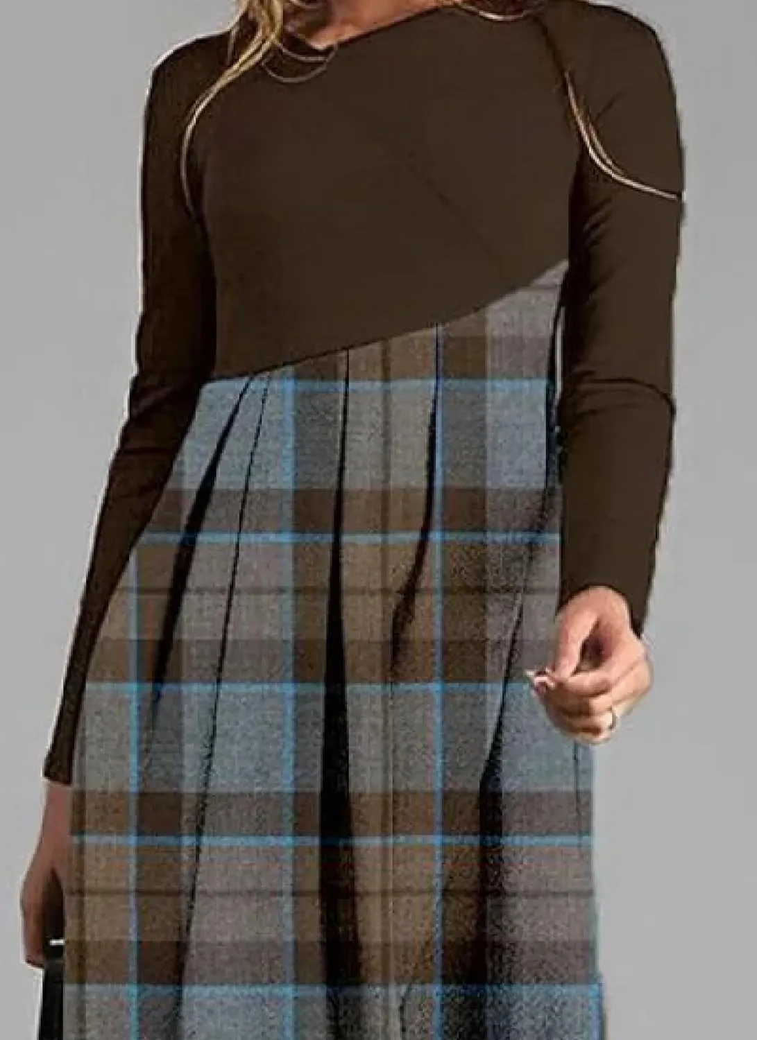Women's Spliced Plaid Dress Retro Long Sleeves Pleated A-Line Coffee Dress Round Neck Spring Fall Casual Outfit