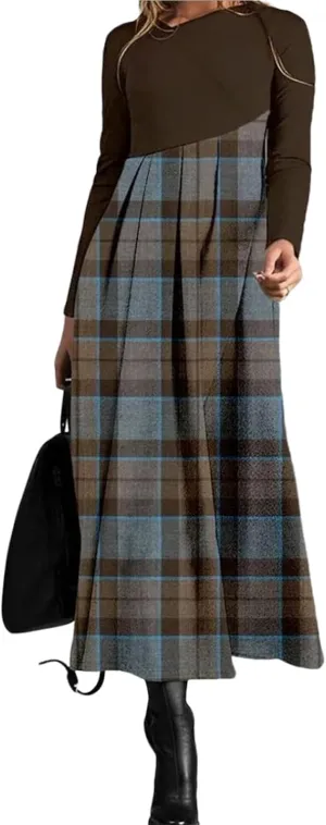 Women's Spliced Plaid Dress Retro Long Sleeves Pleated A-Line Coffee Dress Round Neck Spring Fall Casual Outfit