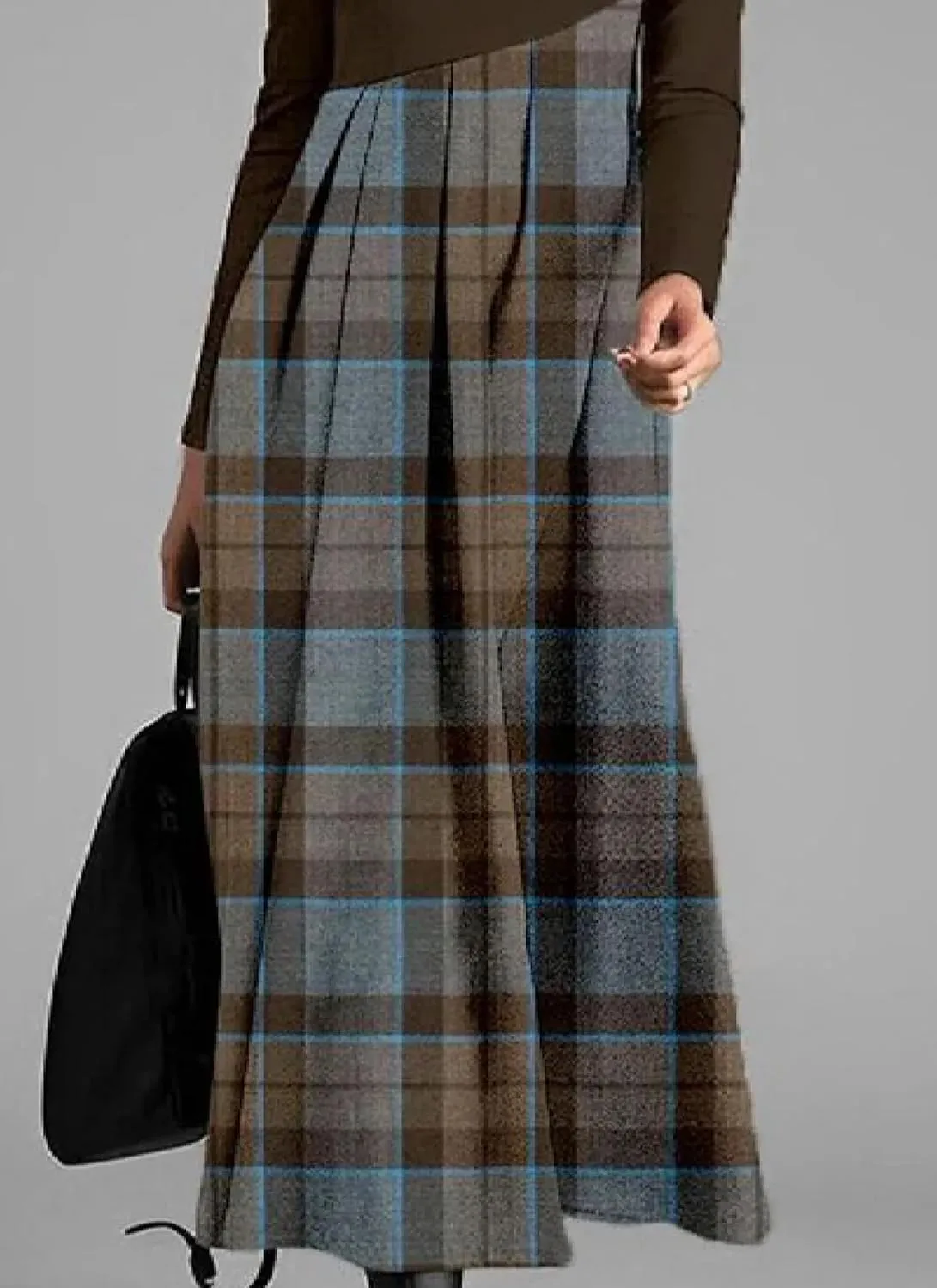 Women's Spliced Plaid Dress Retro Long Sleeves Pleated A-Line Coffee Dress Round Neck Spring Fall Casual Outfit