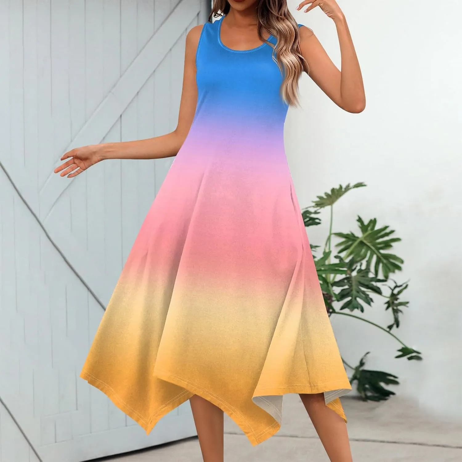Women's Spring Dresses Round Neck Sleeveless Tank Dress Gradient Irregular Hem Midi Sundress 2025 Casual, S-2XL