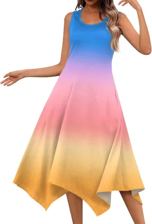 Women's Spring Dresses Round Neck Sleeveless Tank Dress Gradient Irregular Hem Midi Sundress 2025 Casual, S-2XL