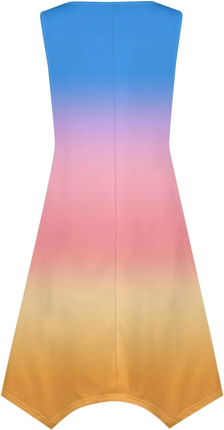 Women's Spring Dresses Round Neck Sleeveless Tank Dress Gradient Irregular Hem Midi Sundress 2025 Casual, S-2XL