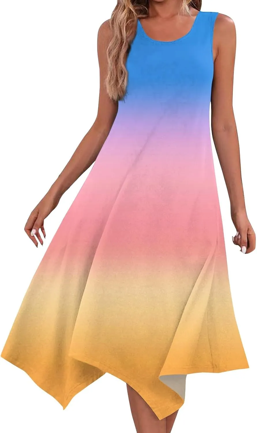 Women's Spring Dresses Round Neck Sleeveless Tank Dress Gradient Irregular Hem Midi Sundress 2025 Casual, S-2XL