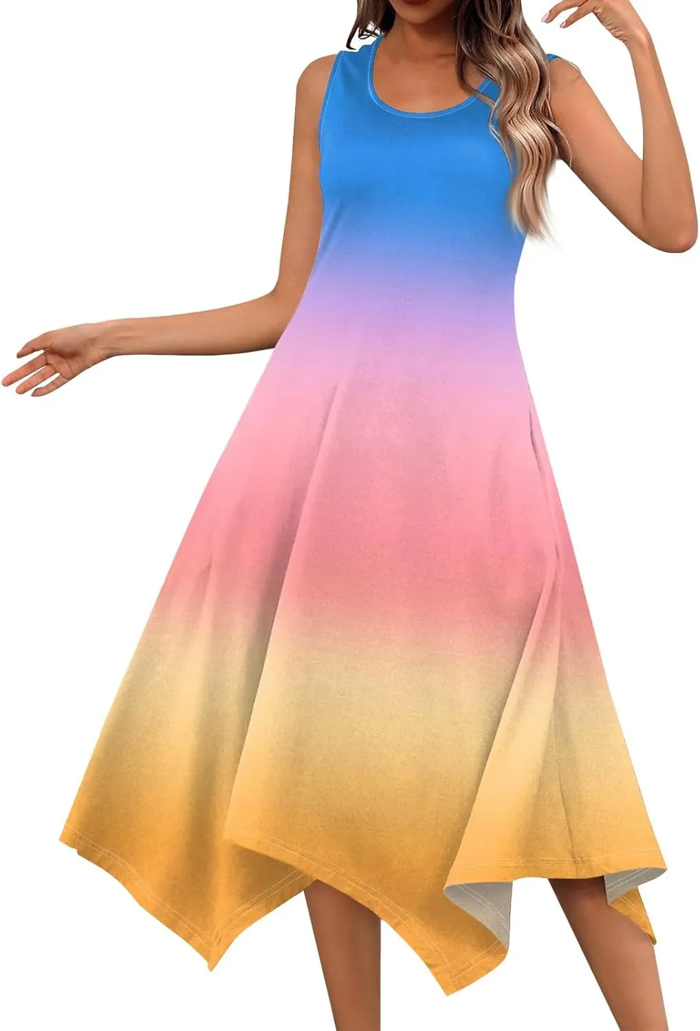 Women's Spring Dresses Round Neck Sleeveless Tank Dress Gradient Irregular Hem Midi Sundress 2025 Casual, S-2XL