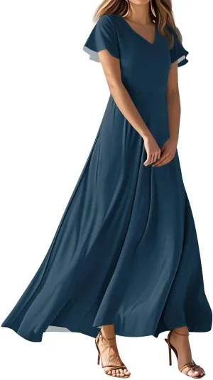 Women's Spring Summer V-Neck Ruffle Short Sleeve Casual Solid Aline Swing Sun Dresses, XS-2XL