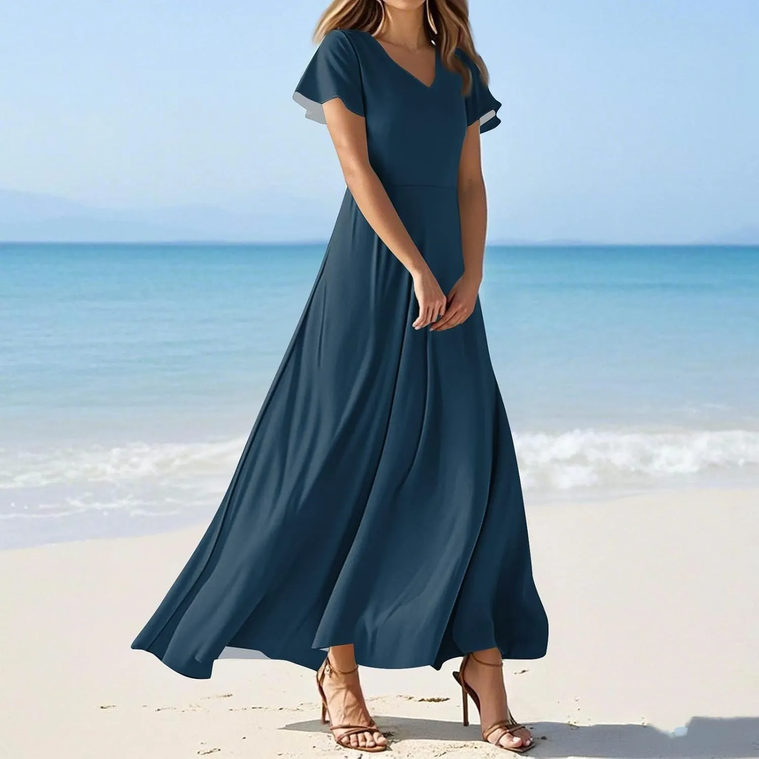 Women's Spring Summer V-Neck Ruffle Short Sleeve Casual Solid Aline Swing Sun Dresses, XS-2XL