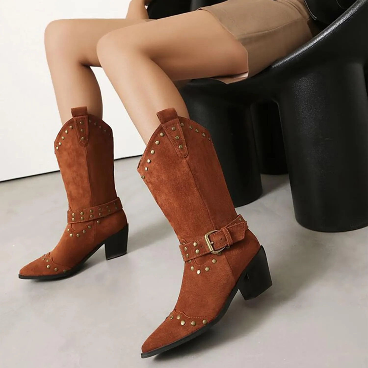 Women's Suede Studded Mid-Calf Western Boots Pointed Toe Pull-On Retro Chunky Block Heel Cowgirl Boots with Buckle Fashion Wide Calf Cowboy Boots