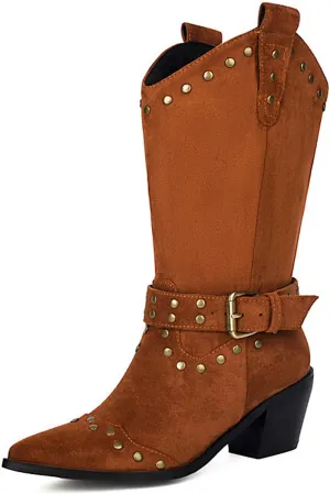 Women's Suede Studded Mid-Calf Western Boots Pointed Toe Pull-On Retro Chunky Block Heel Cowgirl Boots with Buckle Fashion Wide Calf Cowboy Boots
