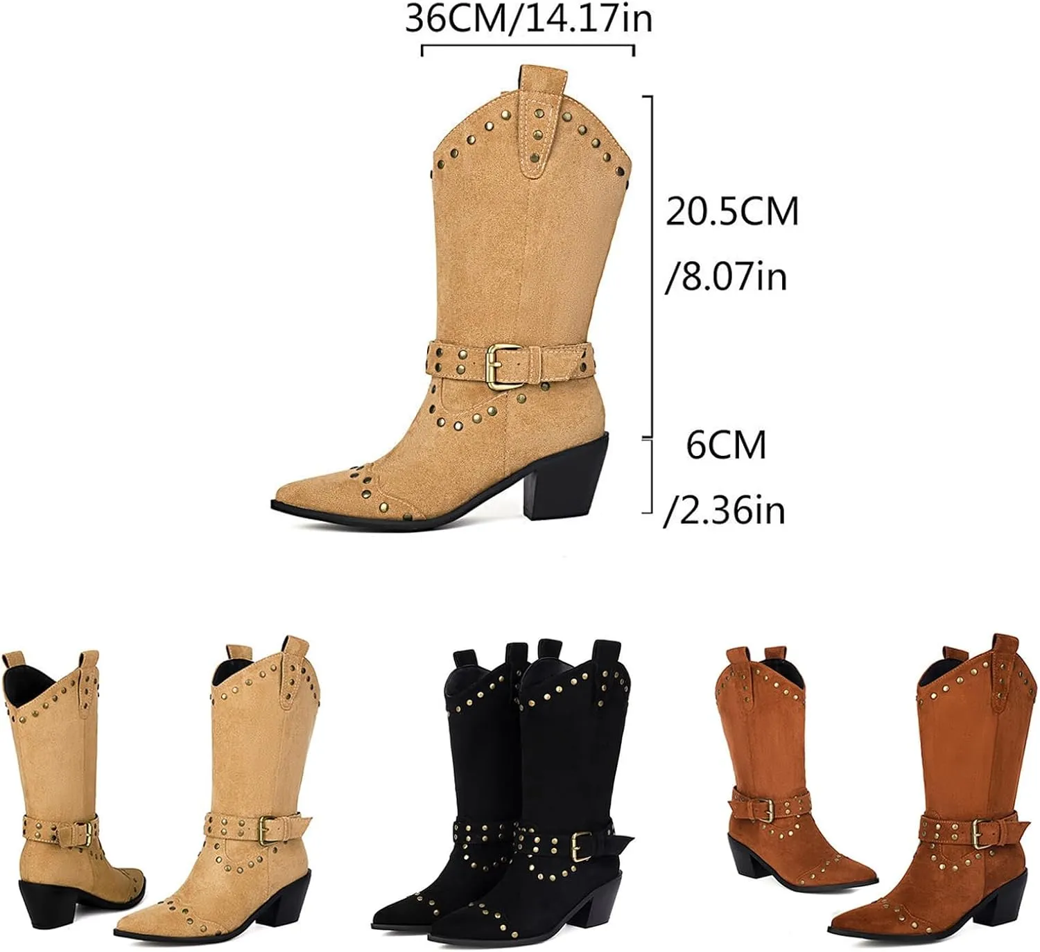 Women's Suede Studded Mid-Calf Western Boots Pointed Toe Pull-On Retro Chunky Block Heel Cowgirl Boots with Buckle Fashion Wide Calf Cowboy Boots