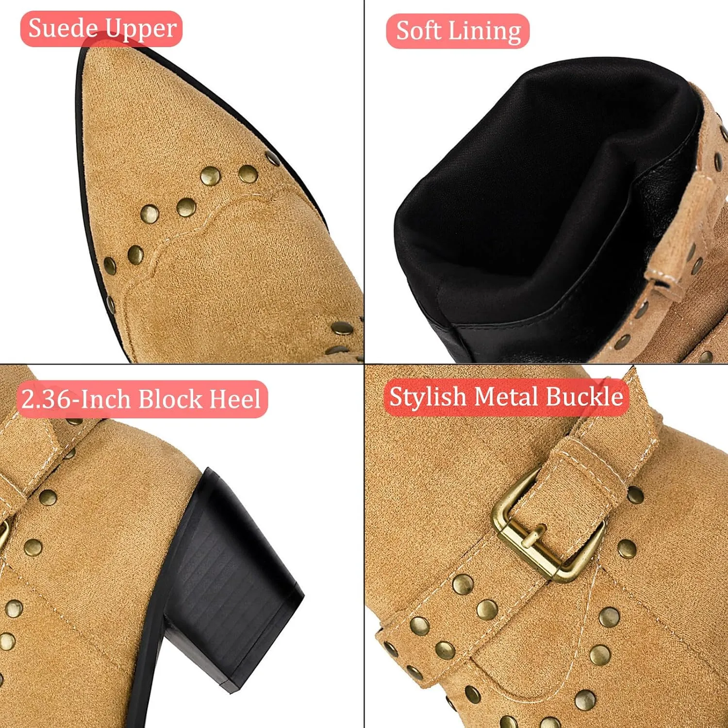 Women's Suede Studded Mid-Calf Western Boots Pointed Toe Pull-On Retro Chunky Block Heel Cowgirl Boots with Buckle Fashion Wide Calf Cowboy Boots