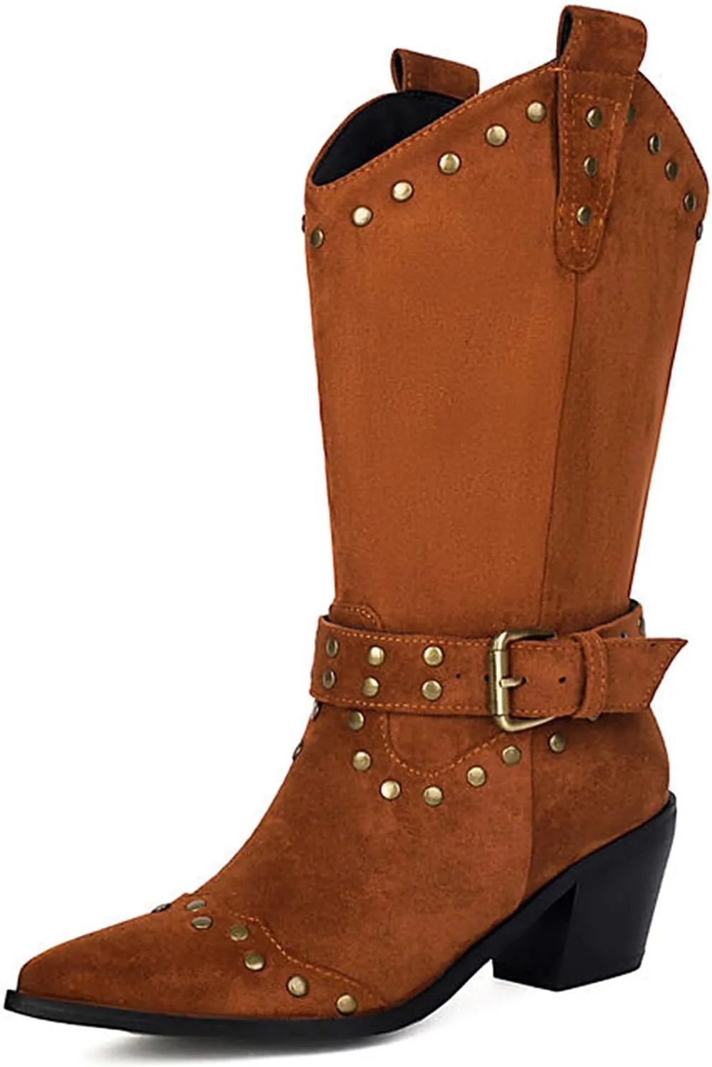 Women's Suede Studded Mid-Calf Western Boots Pointed Toe Pull-On Retro Chunky Block Heel Cowgirl Boots with Buckle Fashion Wide Calf Cowboy Boots