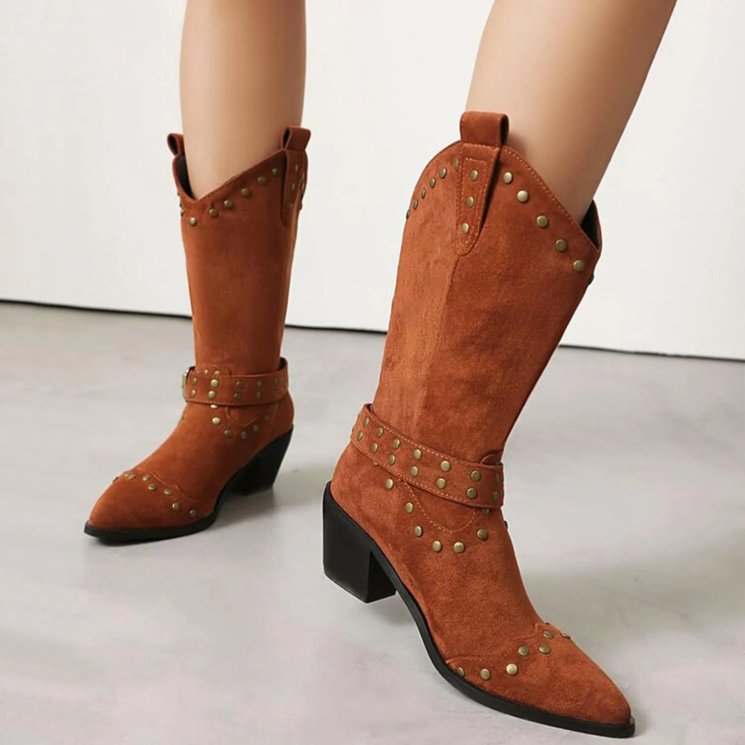 Women's Suede Studded Mid-Calf Western Boots Pointed Toe Pull-On Retro Chunky Block Heel Cowgirl Boots with Buckle Fashion Wide Calf Cowboy Boots