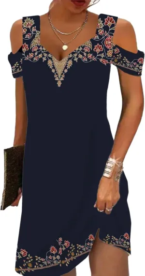 Women's Summer Off Shoulder Floral Mini Dress V-Neck Formal Sleeveless Wedding Cocktail Shift Dresses