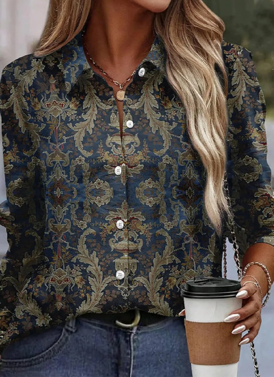 Womens Vintage Floral Print Button Lapel Shirt 2025 Summer Fashion Navy Blue Casual Everyday Office Long Sleeve Shirt