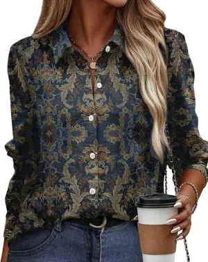 Womens Vintage Floral Print Button Lapel Shirt 2025 Summer Fashion Navy Blue Casual Everyday Office Long Sleeve Shirt
